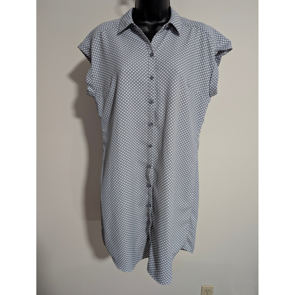 Express Blue White Polka Dot Print Short Sleeve Shirt Dress Button Down Medium